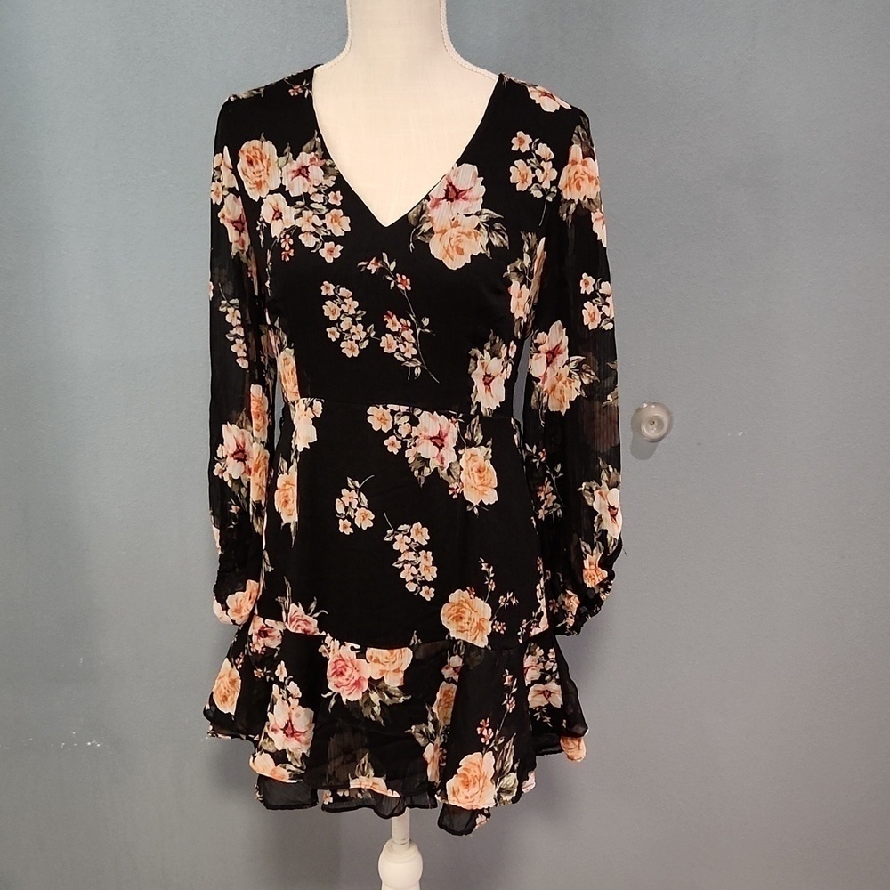 Bar 3 Moody Dark floral ruffled Peplum Hem sheer midi dress Feminine Whimsigoth
